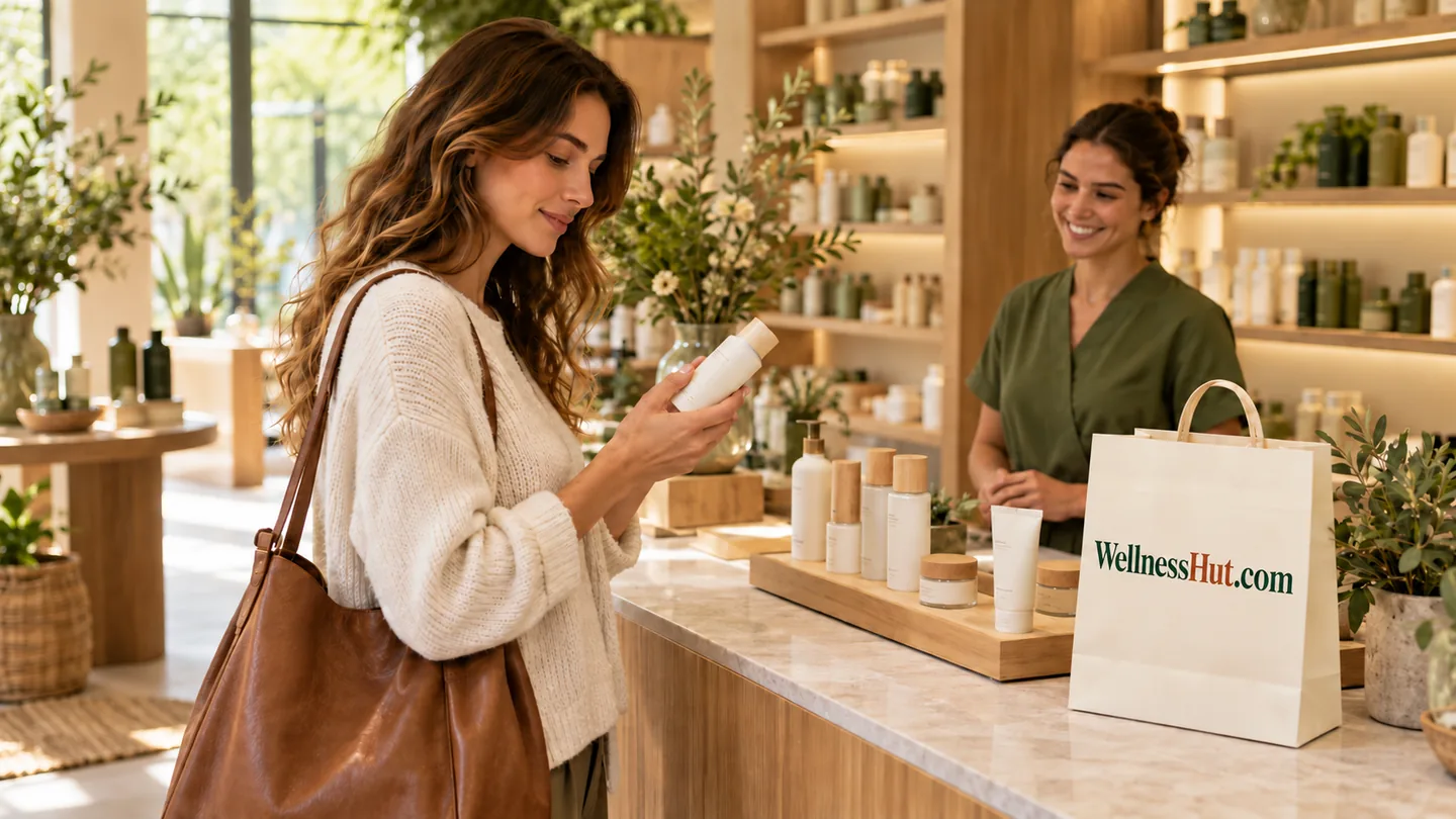 AI-generated illustrative beauty & personal care business concept with fictional adults and the WellnessHut.com identity applied to physical materials.