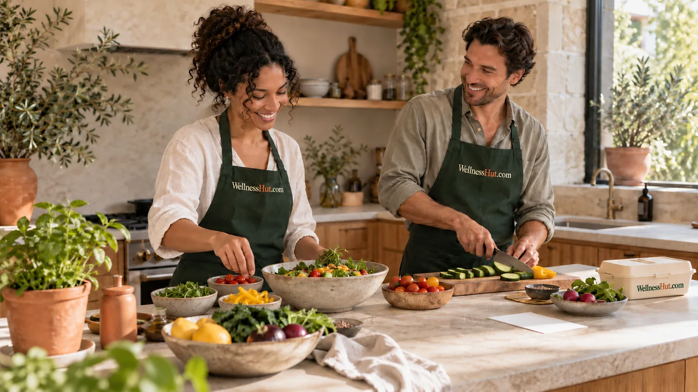 AI-generated illustrative food & nutrition business concept with fictional adults and the WellnessHut.com identity applied to physical materials.