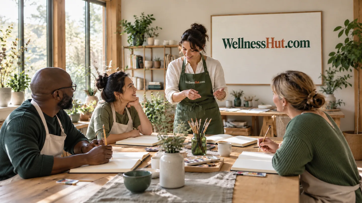 AI-generated illustrative learning & intellectual growth business concept with fictional adults and the WellnessHut.com identity applied to physical materials.