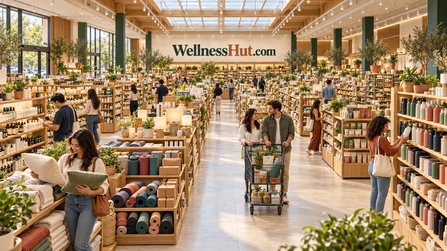 Illustrative WellnessHut store with rows of fully stocked wellness shelves and happy adult shoppers.